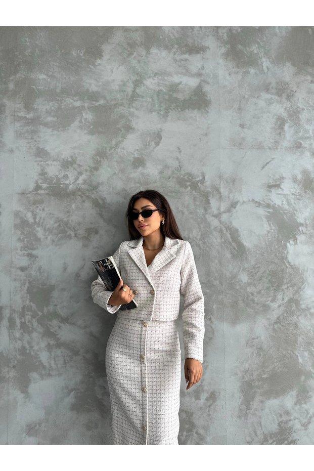Textured Gold Buttoned Midi Skirt & Short Jacket Two-Piece Set - White