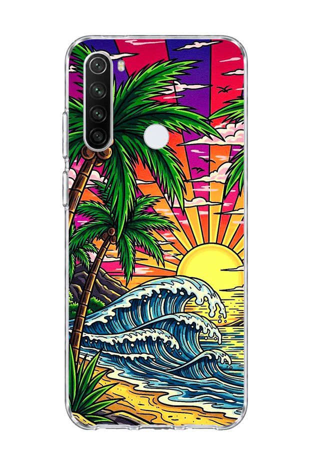 Redmi Note 8 Compatible Palm Wave Sunset Printed Transparent Phone Case