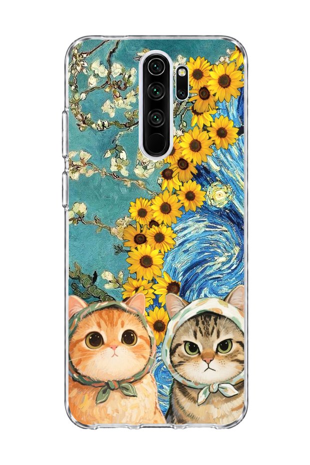 Redmi Note 8 Pro Compatible Starry Night Two Cats Printed Transparent Phone Case