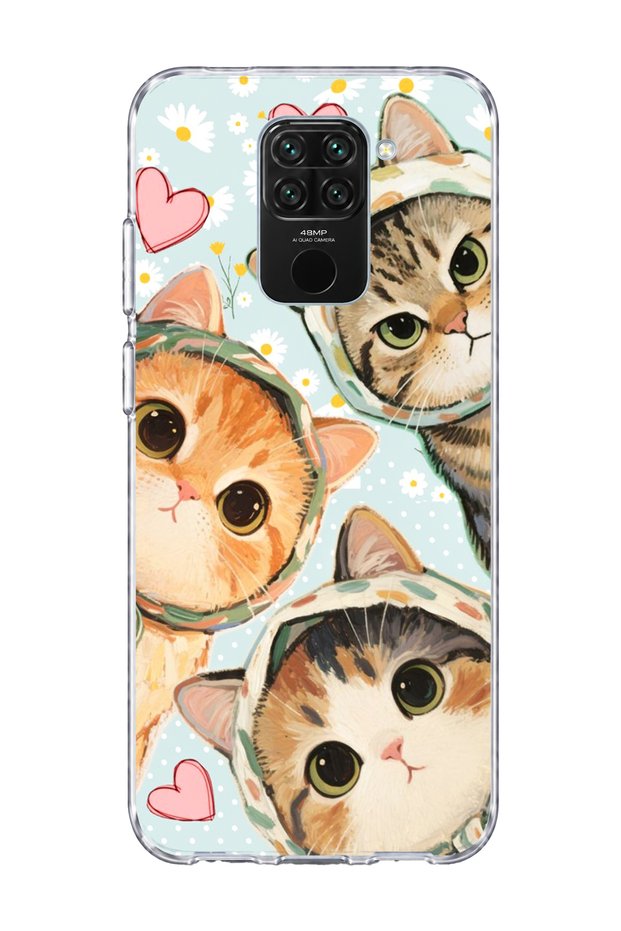 Redmi Note 9 Compatible Three Cats Heart Printed Transparent Phone Case with Scarf