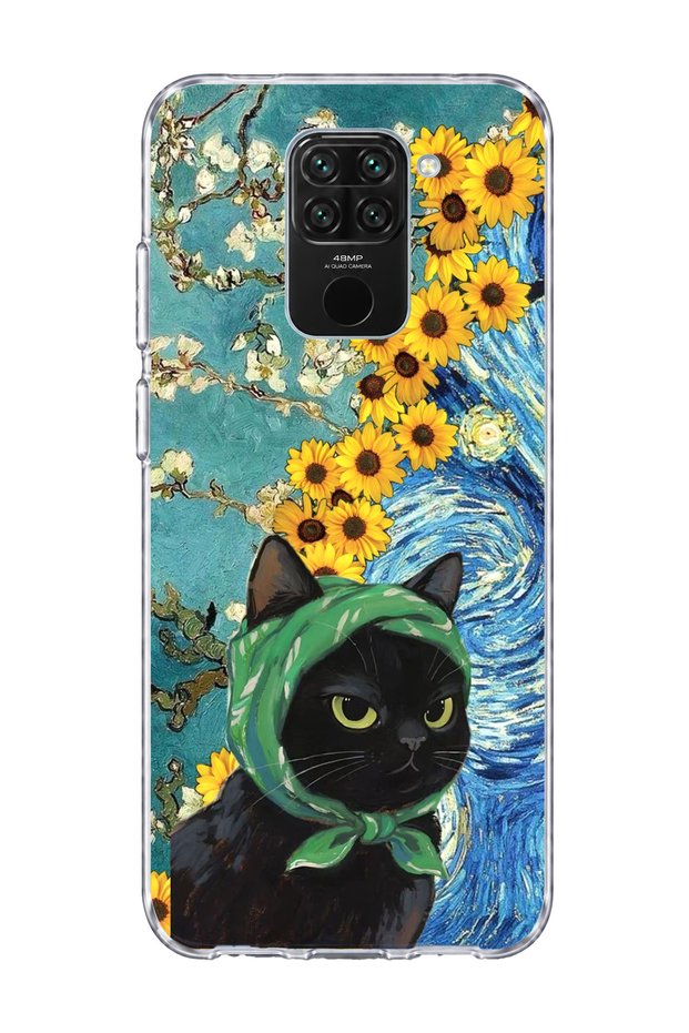 Redmi Note 9 Compatible Starry Night Black Cat Printed Transparent Phone Case