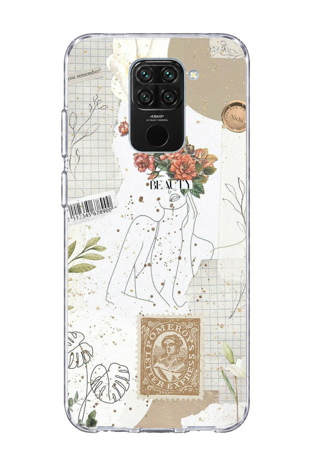 Redmi Note 9 Compatible Flower Headed Woman Collage Printed Transparent Phone Case
