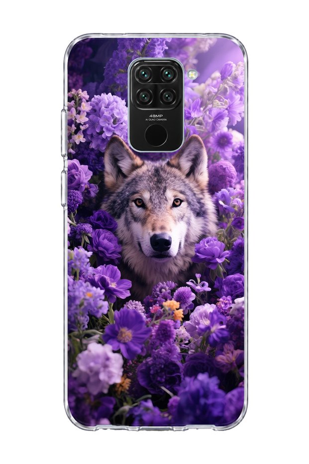 Redmi Note 9 Compatible Wolf and Purple Flower Printed Transparent Phone Case