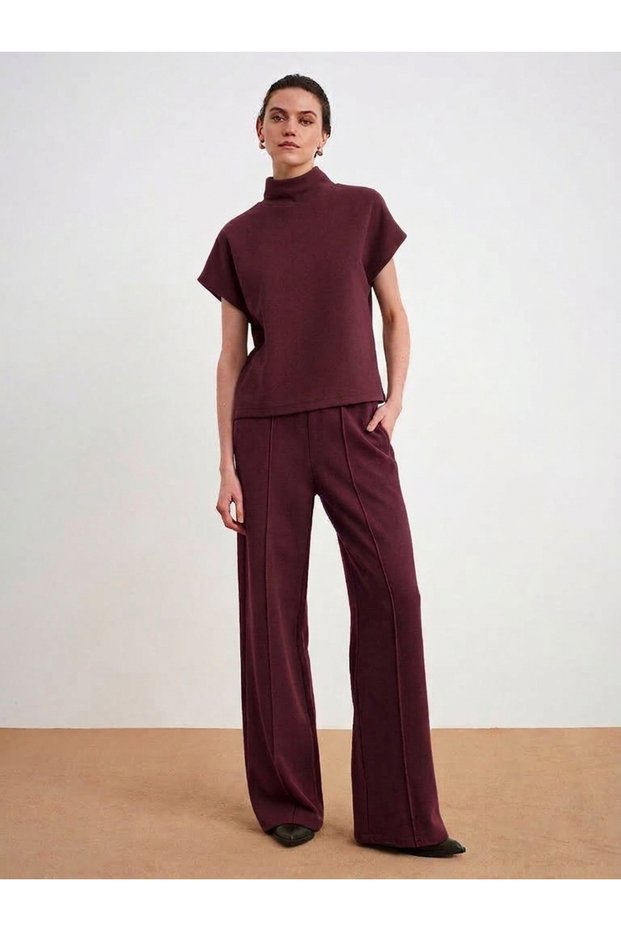71927 Elastic Waist Loose Tracksuit with Stitching Detail - Claret Red