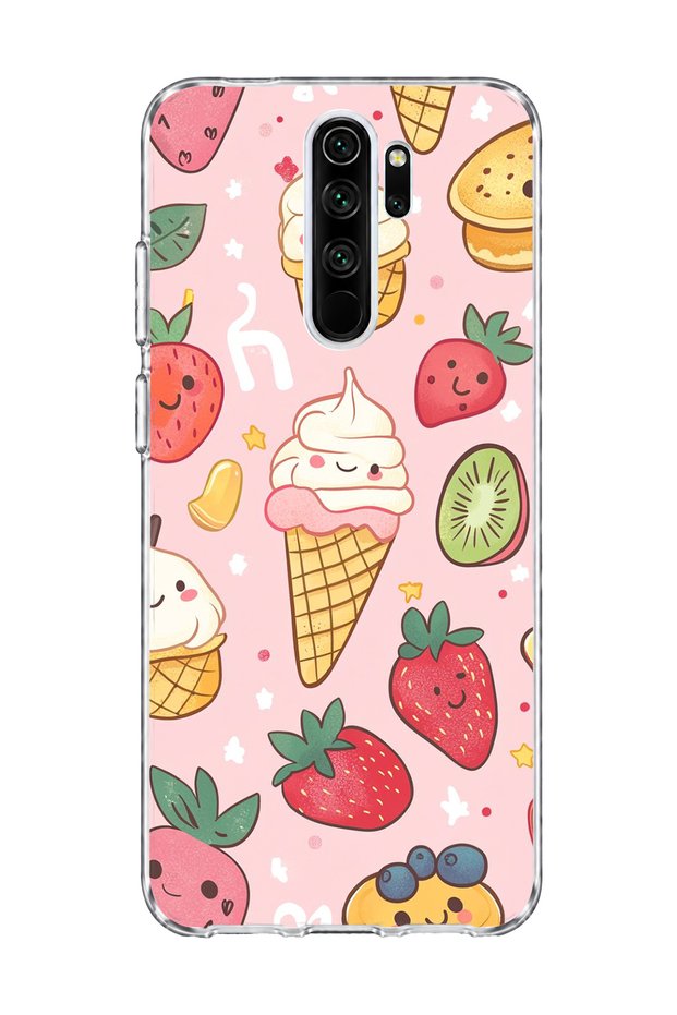 Redmi Note 8 Pro Compatible Ice Cream Strawberry Pink Printed Transparent Phone Case