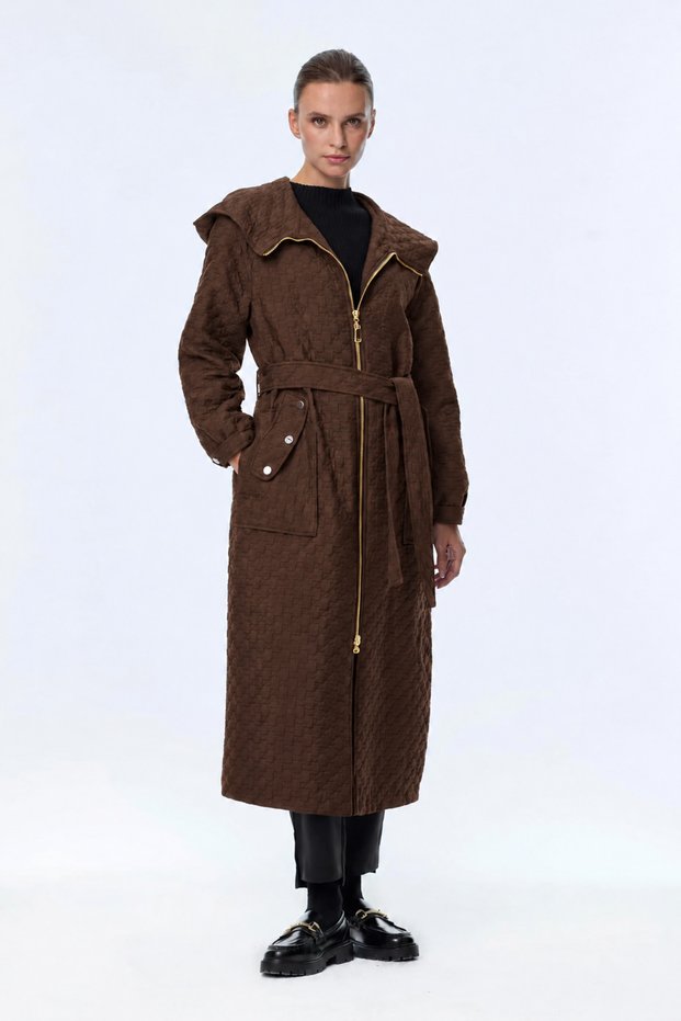 Quilted Hooded Belted Coat with Pocket Detail Brown 13997