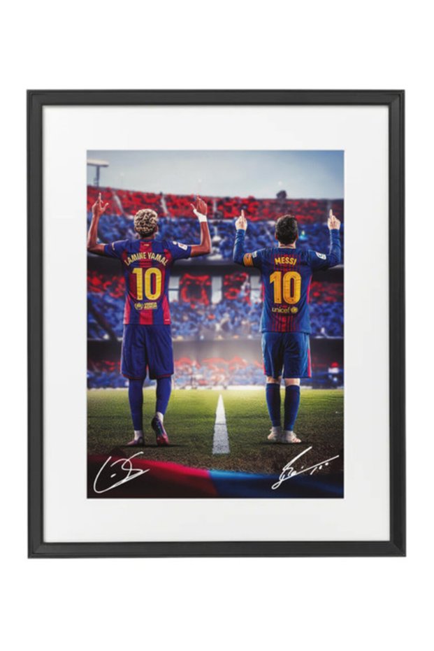 Lionel Messi and Lamine Yamal Barcelona Printed Autograph Framed Poster 50x40cm - Football Memorabilia, Soccer Collectible, Gift for Fans , Man Cave