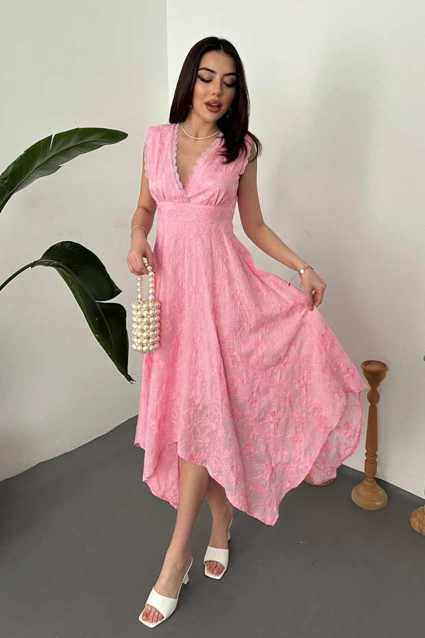 Women's Pink V-Neck Sleeveless Lace Detailed Embroidered Asymmetrical Hem Midi Dress