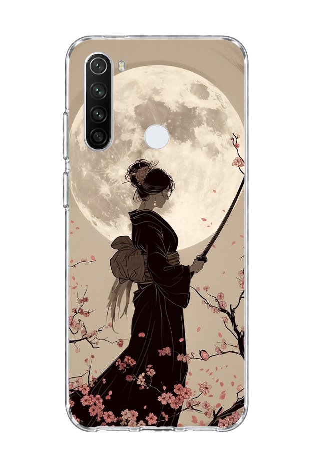 Redmi Note 8 Compatible Geisha Full Moon Printed Transparent Phone Case