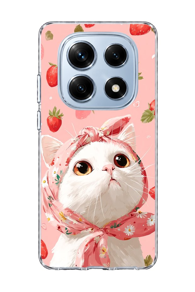 Redmi Note 14 Pro 4g Compatible White Cat Strawberry Printed Transparent Phone Case with Scarf