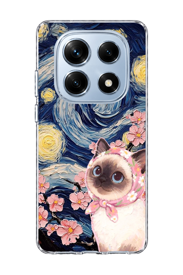 Redmi Note 14 Pro 4g Compatible Starry Night Siamese Cat Printed Transparent Phone Case
