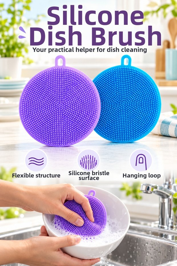 2 Pcs Silicone Dish Sponge, Flexible Round Dishwashing Brush, Cleaning Tool with Hanging Ring