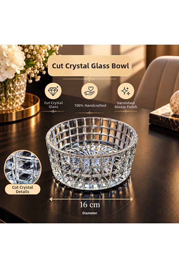 Tessera Handmade Cut Crystal Glass Bowl 16 cm – Decorative Fruit, Salad, and Serving Bowl