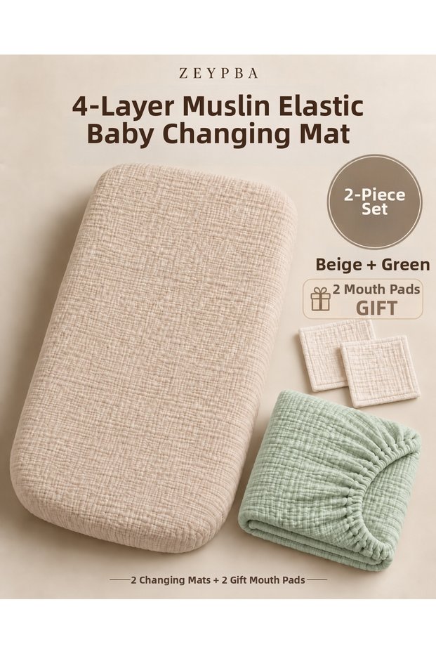 4-Layer Muslin Baby Crib Sheet 2-Pack (1 Water Green and 1 Beige) – 100% Cotton 50X90Cm (2 Pieces)