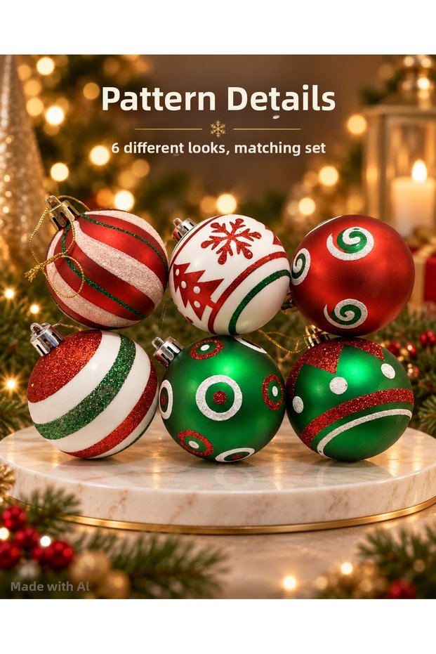 Set of 6 Red, Green, and White Christmas Balls – Christmas Tree Ornaments with Snowflake, Spiral, and Geometric Patterns