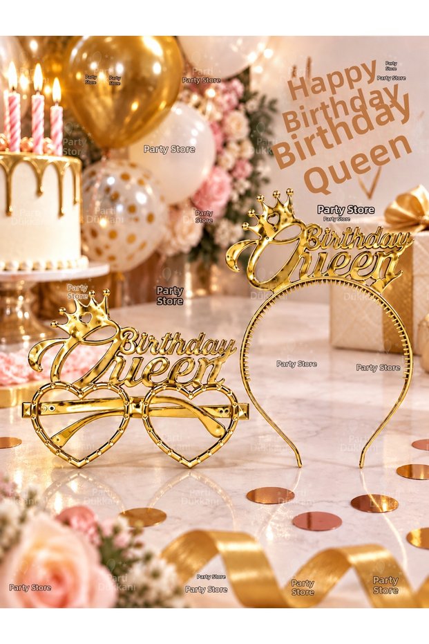 Birthday Queen Crown and Heart Glasses Set of 2 Gold Mica – Birthday Queen Crown Party Glasses Photo Shoot Celebration Accessory