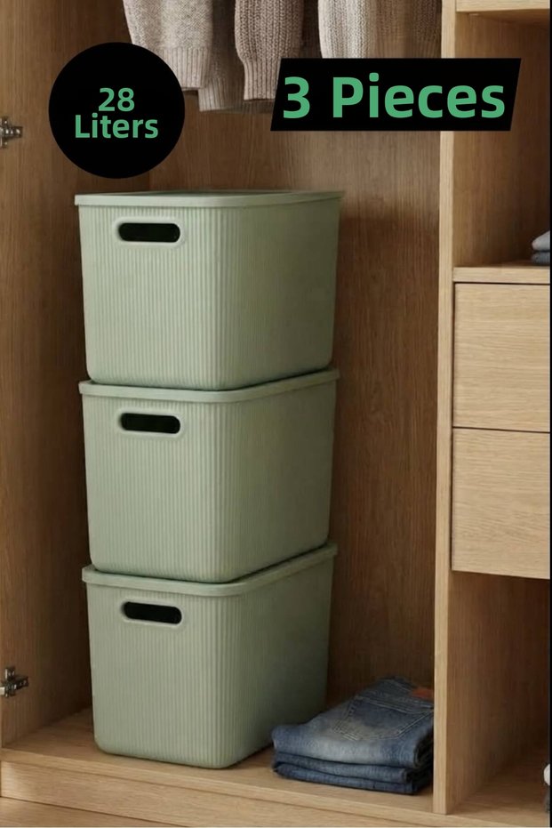 Colors Green 28 Lt 3 Pieces Multi-Purpose Organizer Box with Lid Bathroom Kitchen Organizer Storage Box with Lid