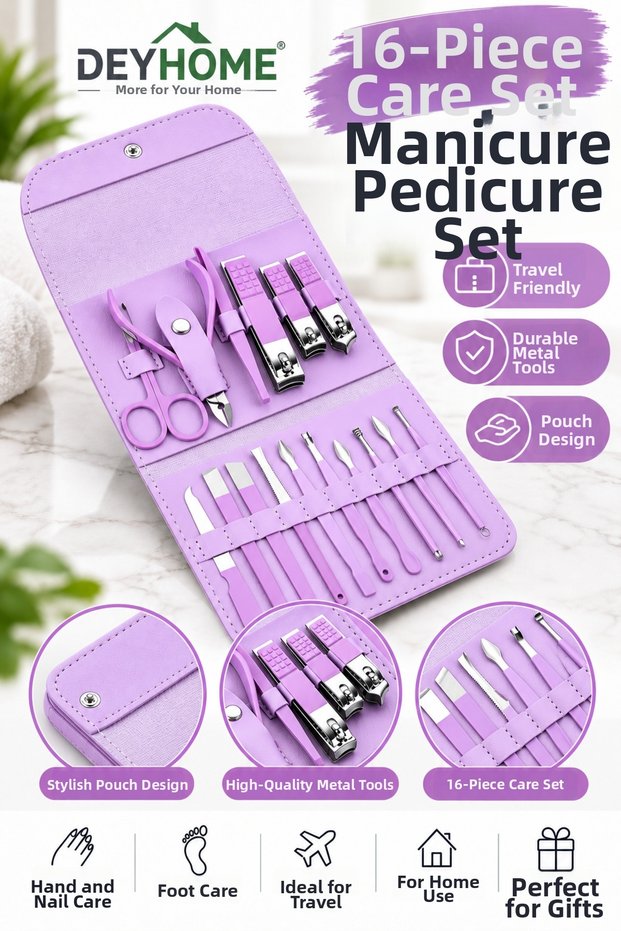 Travel Type 16 Piece Manicure Pedicure Set with Bag Nail Care Set Hand and Foot Care Kit Lavender