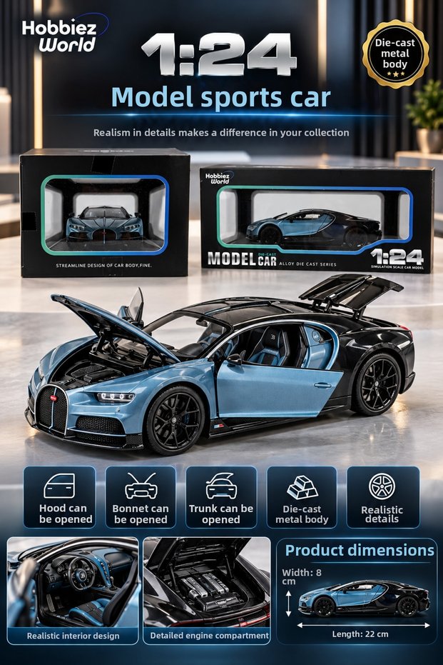 1:24 Die-Cast Metal Sports Car 22 cm – Doors, Hood, and Trunk Can Be Opened Bugatti