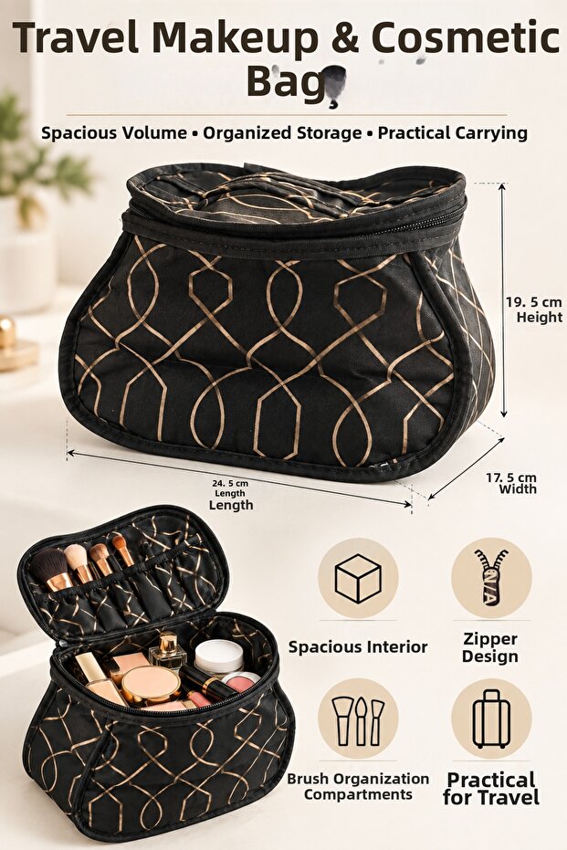 Travel Makeup & Cosmetic Bag – Large Volume, Brush Compartment, Zippered Black Patterned Organizer