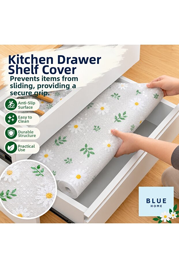 Yellow Daisy Design Non-Slip Shelf Liner Roll - Drawer Mat for Kitchen, Refrigerator & Cabinets, 45cm X 5m