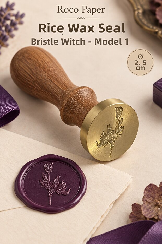Witches Halloween Themed Wooden Brass Seal - 2.5 cm Diameter, Witch with Broom Printed Wax Seal