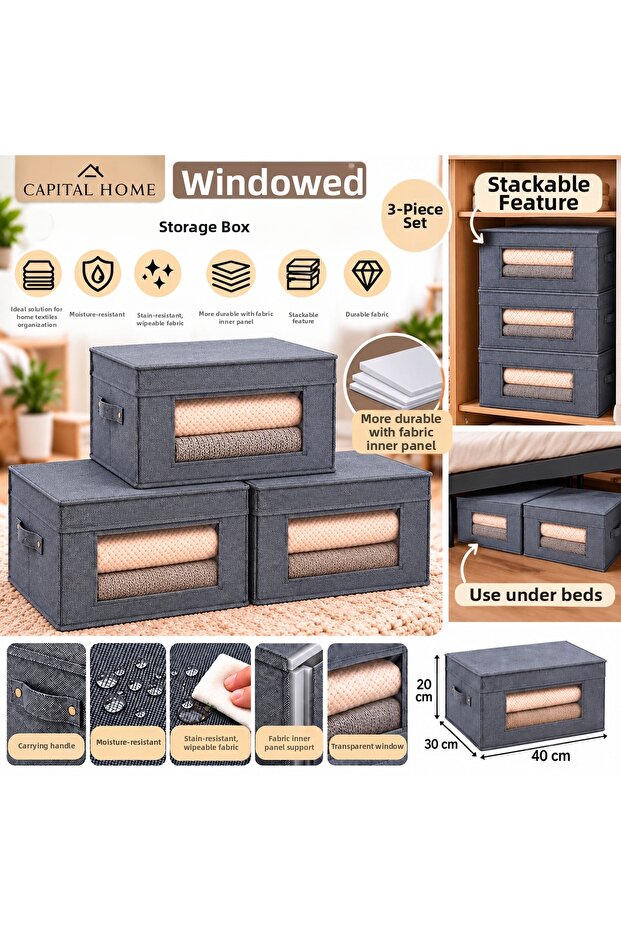 Set of 3 Multi-Purpose Organizers + Storage Box with Transparent Window + Lid 40 X 30 X 20 cm