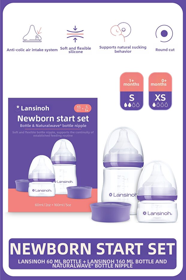 60ml, 160ml and Xs, S Flow Naturalwave ® Baby Bottle Nipple Newborn Starter Set (0-3 Months)