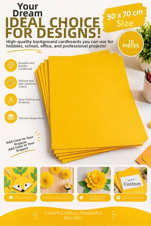 Yellow Background Cardboard 50X70 cm – Pack of 10, Colored Background Paper, for Crafts, School and Art Activities
