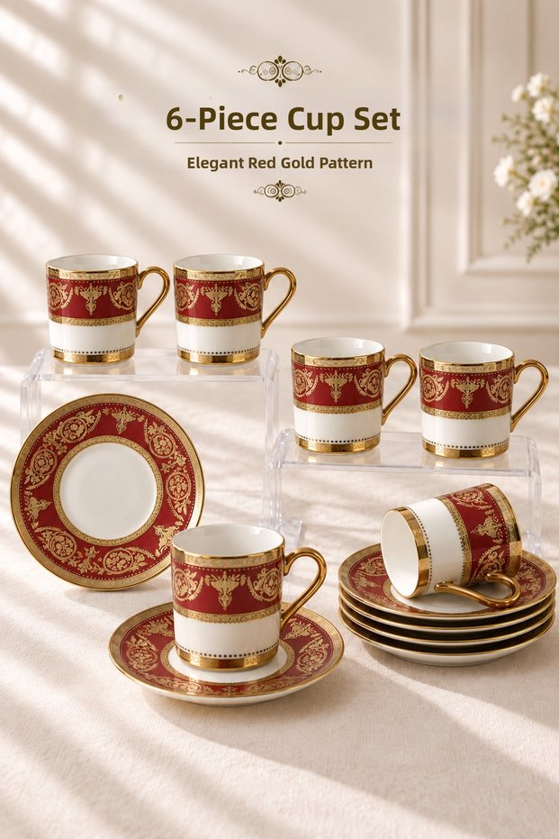 Shawl Patterned Coffee Cup Set with Gold Detail for 6 People
