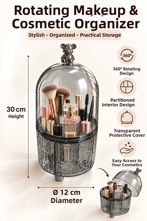 Rotating Makeup & Cosmetic Organizer – Divided Organizer with Transparent Lid 30 cm