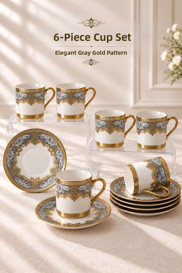 Baroque Patterned Coffee Cup Set with Gold Detail and Plate for 6 People