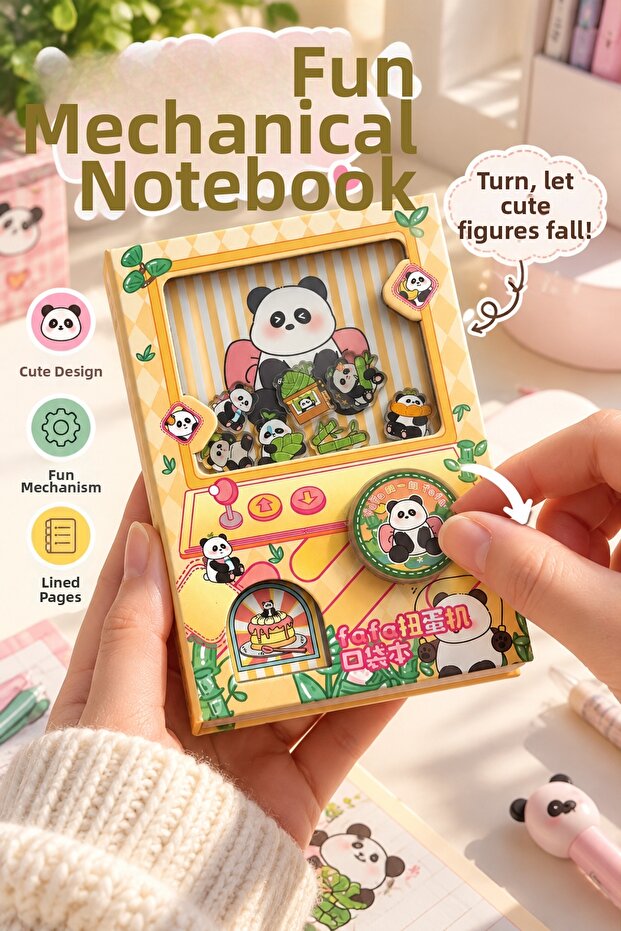 Mechanical Panda Notebook 80 Sheets 160 Pages – 13X9 cm Fun Kawaii Lined Notepad - Yellow
