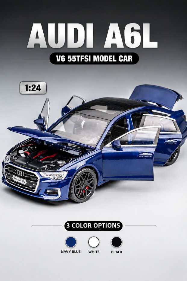 Audi A6L 1:24 Metal Model Car Pull-Back Lighted Sound Activated Opening Doors Hood Trunk Toy Car 21cm