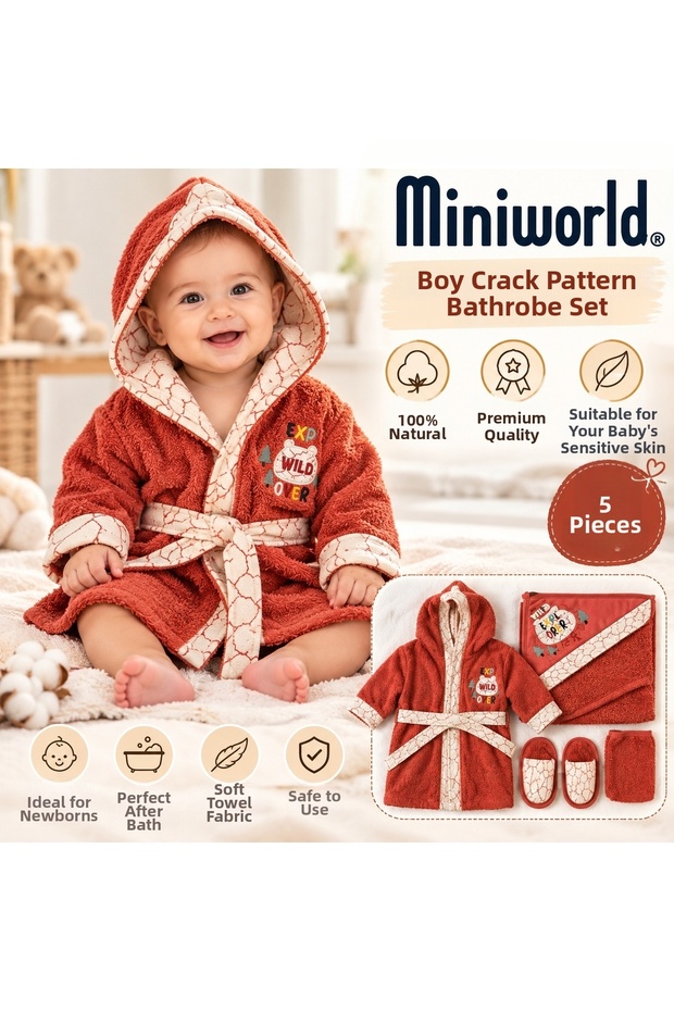Cotton Crack Pattern 5-Piece Soft Terry Cloth Baby Boy Bathrobe Bath Set 0-2 Years (Bathrobe Bath Towel Washcloth Belt Slippers)