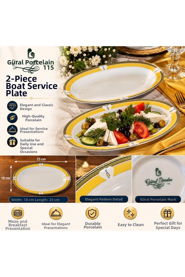 Güral Porselen 2-Piece Kayık Serving Plate – Yellow Patterned Oval Presentation Plate 25 cm