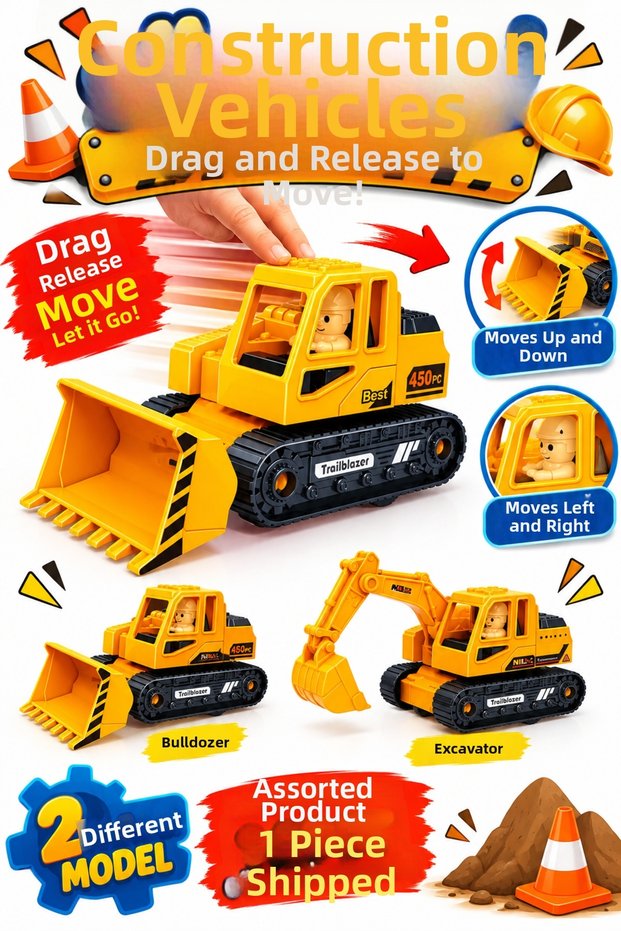 Friction Toy Excavator 12 cm – Crawler Construction Machine Dozer Excavator Construction Vehicle with Movable Bucket