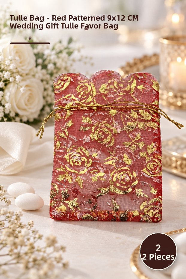 2 Pieces of Tulle Pouches – Red Patterned 9X12 cm Wedding Gift Tulle Favor Bag