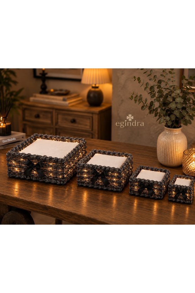 Wicker Weave 4-Piece Anthracite Gray Led Lighted Organizer Basket Set
