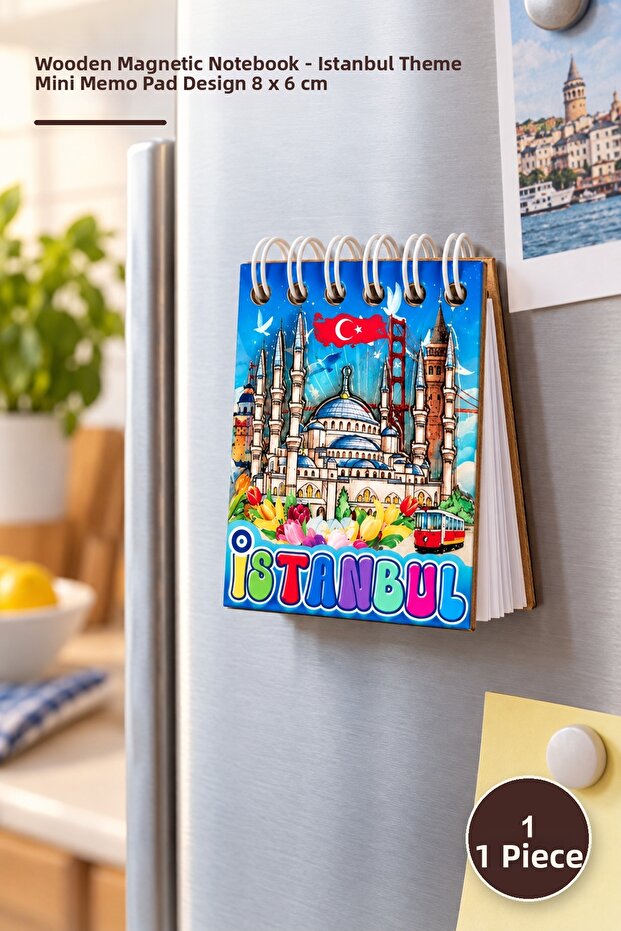 1 Piece Wooden Magnetic Notepad – Istanbul Themed Mini Notepad Memo Notebook Design 8 X 6 cm