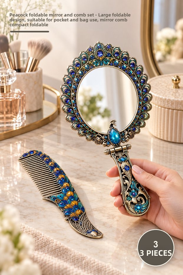 3-Piece Peacock Foldable Mirror and Comb Set – Large Size Foldable Design, Pocket and Bag Use, Mirror Comb Foldable Compact