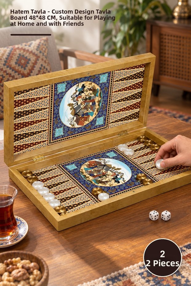 2 Pieces of Hatem Backgammon – Special Design Backgammon Board 48*48 Cm, Suitable for Playing at Home and with Friends Backgammon Board