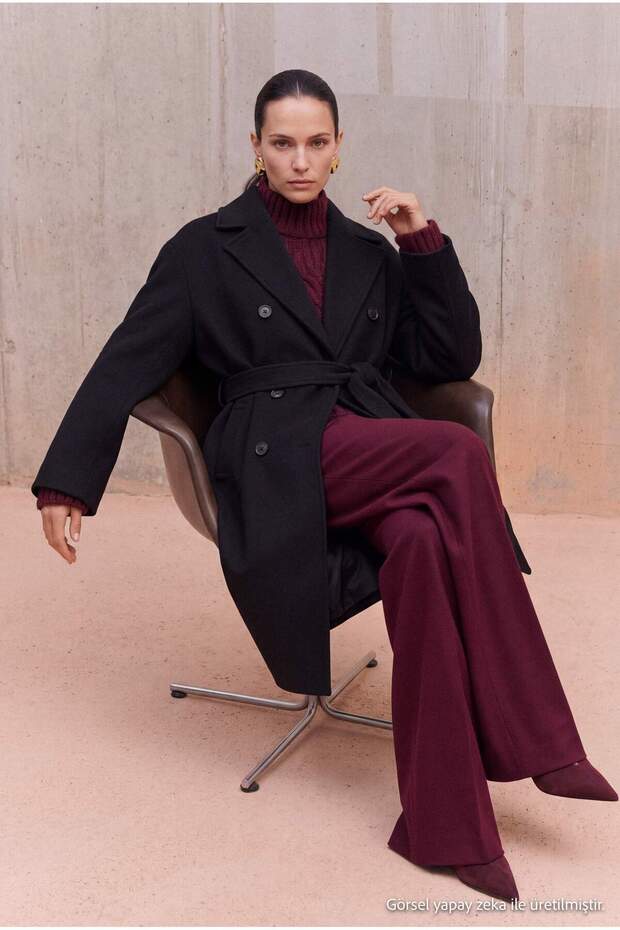Trendyol Studio Siyah Premium Yüksek Yün İçerikli Oversize Uzun Kruvaze Kaban TWOAW27KB00051