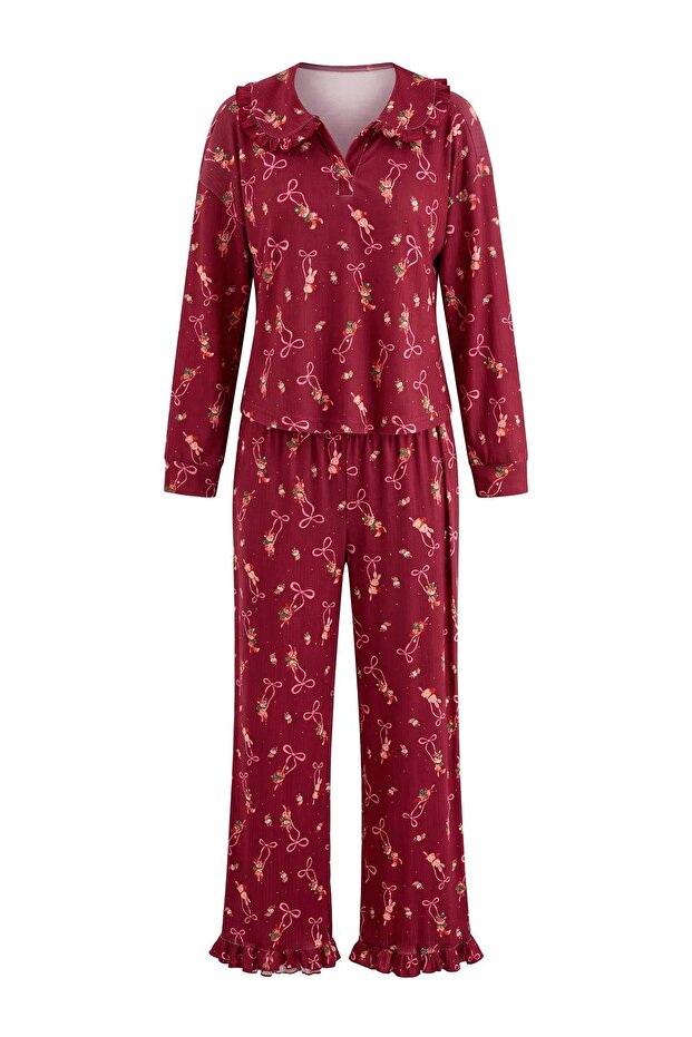 Burgundy Collar and Ruffle Detailed Soft Tuşe Pointel/Ribbed Knitted Pajama Set Thmaw27Pt00148