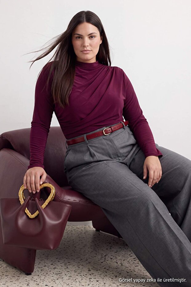 Plum Sandy Shirred Detailed Long Sleeve Knitted Plus Size Blouse Tbbaw26Af00104