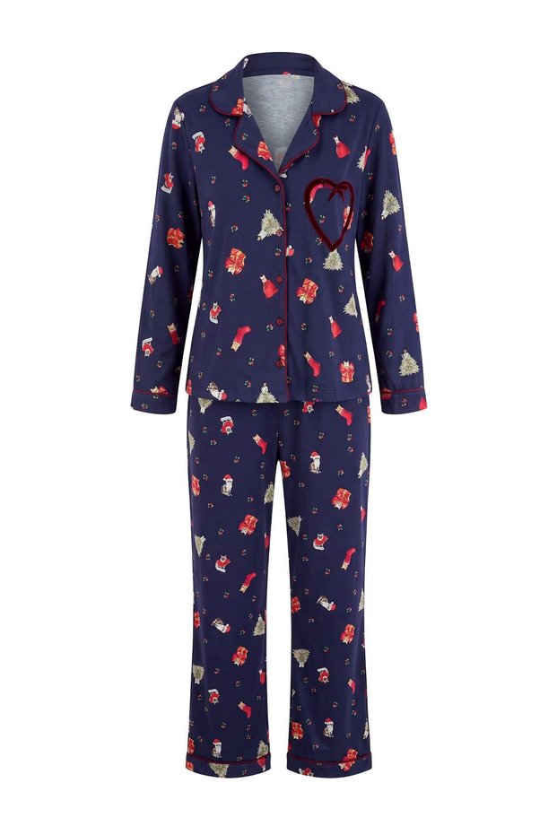 Lacivert %100 Pamuklu Yılbaşı Temalı Biye ve Kadife Detaylı Örme Pijama Takımı THMAW27PT00202