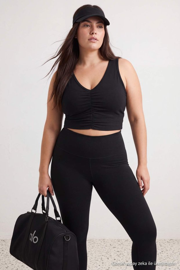 Siyah LYCRA® ADAPTIV™ Büzgü Detaylı V Yaka Büyük Beden Spor Sütyeni TBBAW27CN00003