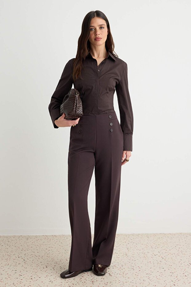 Koyu Kahverengi Kemer Detaylı Wide Leg/Geniş Paça Kumaş Pantolon TWOAW27PL00069