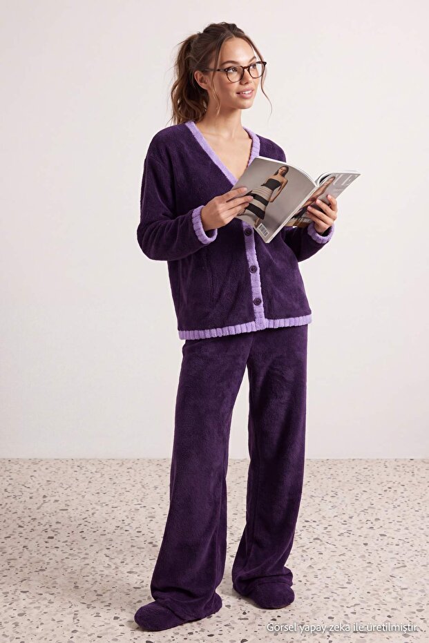 Mor Renk Bloklu Wellsoft Örme Pijama Takımı THMAW27PT00110