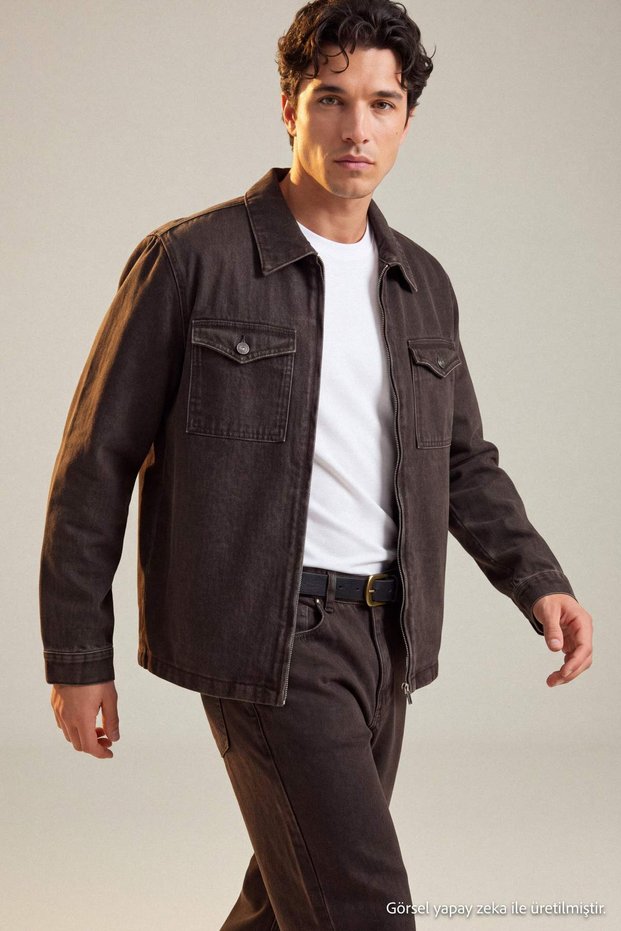 Kahverengi Kaplamalı Regular Fit Erkek Denim Ceket TMNAW27CE00008